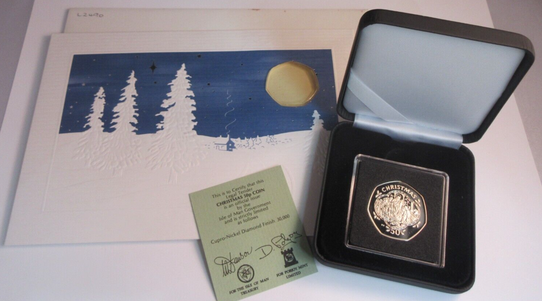 1993 QEII CHRISTMAS COLLECTION IOM BB MARK DIAMOND FINISH 50P COIN CARD BOX &COA