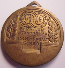 Load image into Gallery viewer, 1938 VINTAGE BRONZE SWIMMING MEDALLION EGYPTIAN CHAMPS 100 MTS BREATSTROKE
