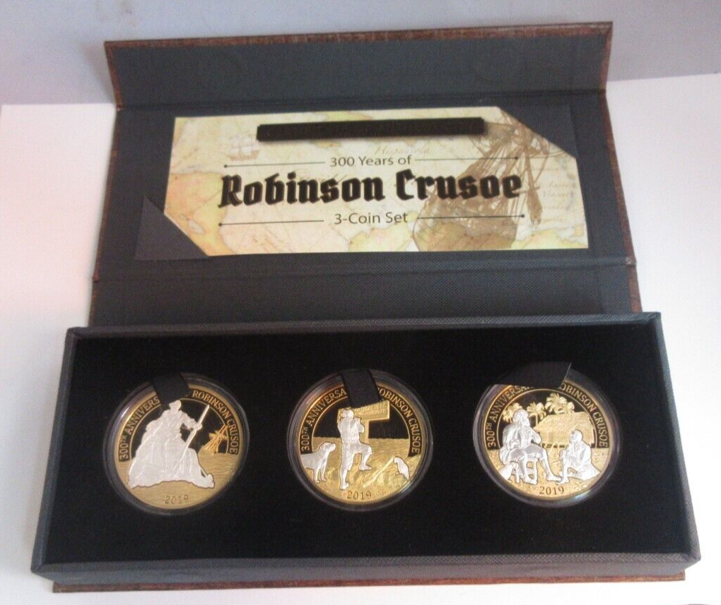 2019 Robinson Crusoe 300th Anniverary 3 x Proof Barbados 25 Cents Coin Box&COA