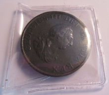 Load image into Gallery viewer, KING GEORGE III HALF PENNY 1799 VF-EF BRONZE PLAIN HULL IN PROTECTIVE CLEAR FLIP
