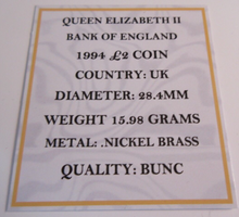 Load image into Gallery viewer, BANK OF ENGLAND QUEEN ELIZABETH II £2 1994 UK TWO POUND COIN BUNC BOX &amp; COA
