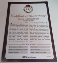 Load image into Gallery viewer, 2011 RBS SIX NATIONS RUGBY FEBRUARY 2007 GOLD PLATED COOK ISLANDS  $1 COIN/COA
