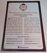 Load image into Gallery viewer, 2012 DIAMOND JUBILEE TOUR MALAYSIA GOLD PLATED COOK ISLANDS  $1 COIN/COA
