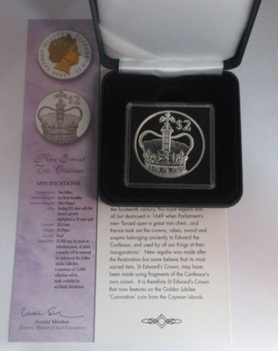 2002 Edward the Confessor Jubilee 1oz Silver Proof $2 Cayman Islands Coin BoxCOA