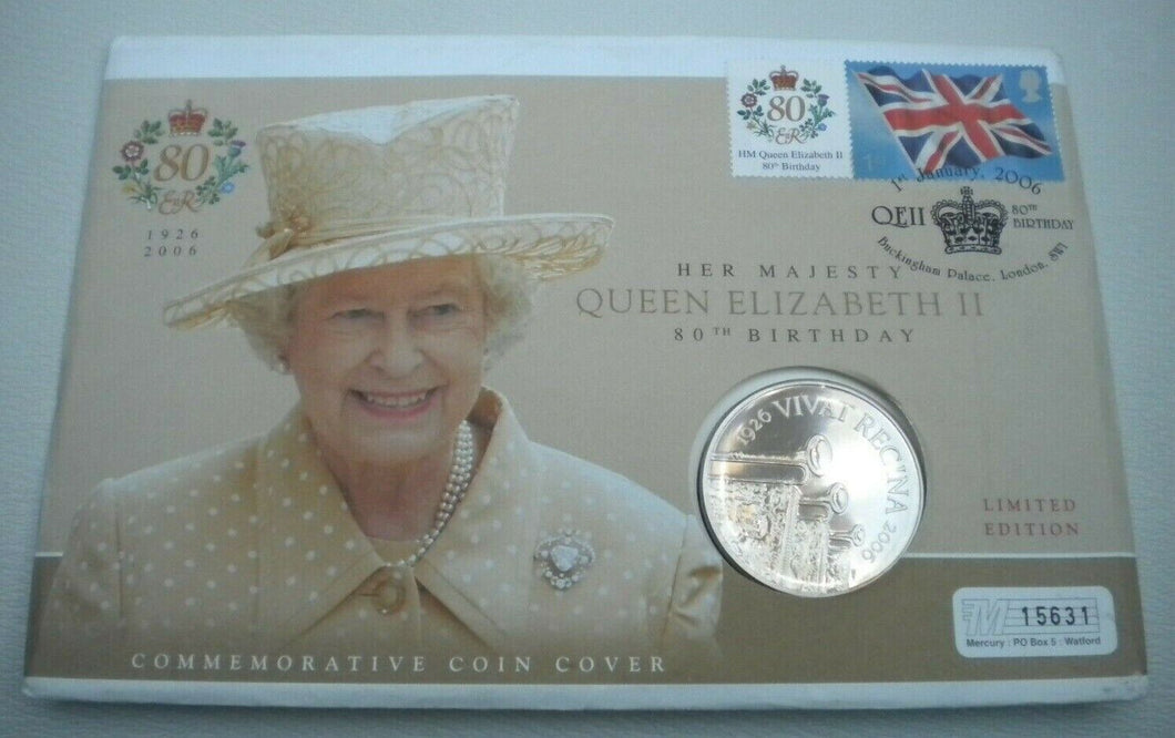 2006 HM QUEEN ELIZABETH II 80TH BIRTHDAY BUNC £5 COIN COVER PNC STAMPS, P/MARK