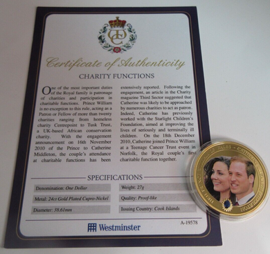 2011 CHARITY FUNCTIONS GOLD PLATED COOK ISLANDS  $1 COIN/COA