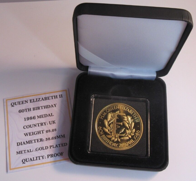 1986 QEII 60TH BIRTHDAY GOLD PLATED PROOF MEDAL CAPSULE BOX & COA