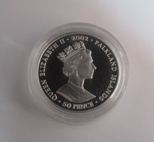 Load image into Gallery viewer, 2002 Golden Jubilee Silver Proof Piedfort 50p Crown Coin Falkland Island Box/COA
