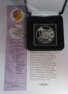 2003 Royal Visit Golden Jubilee 1oz Silver Proof $5 Bermuda Coin Box/COA