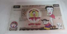 Load image into Gallery viewer, BETTY BOOP NOVELTY BANKNOTE SET X 4 NOTES £5 £10 £20 £50 IN NOTE HOLDER
