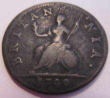 Load image into Gallery viewer, 1749 KING GEORGE II FARTHING PRESENTED IN PROTECTIVE CLEAR FLIP
