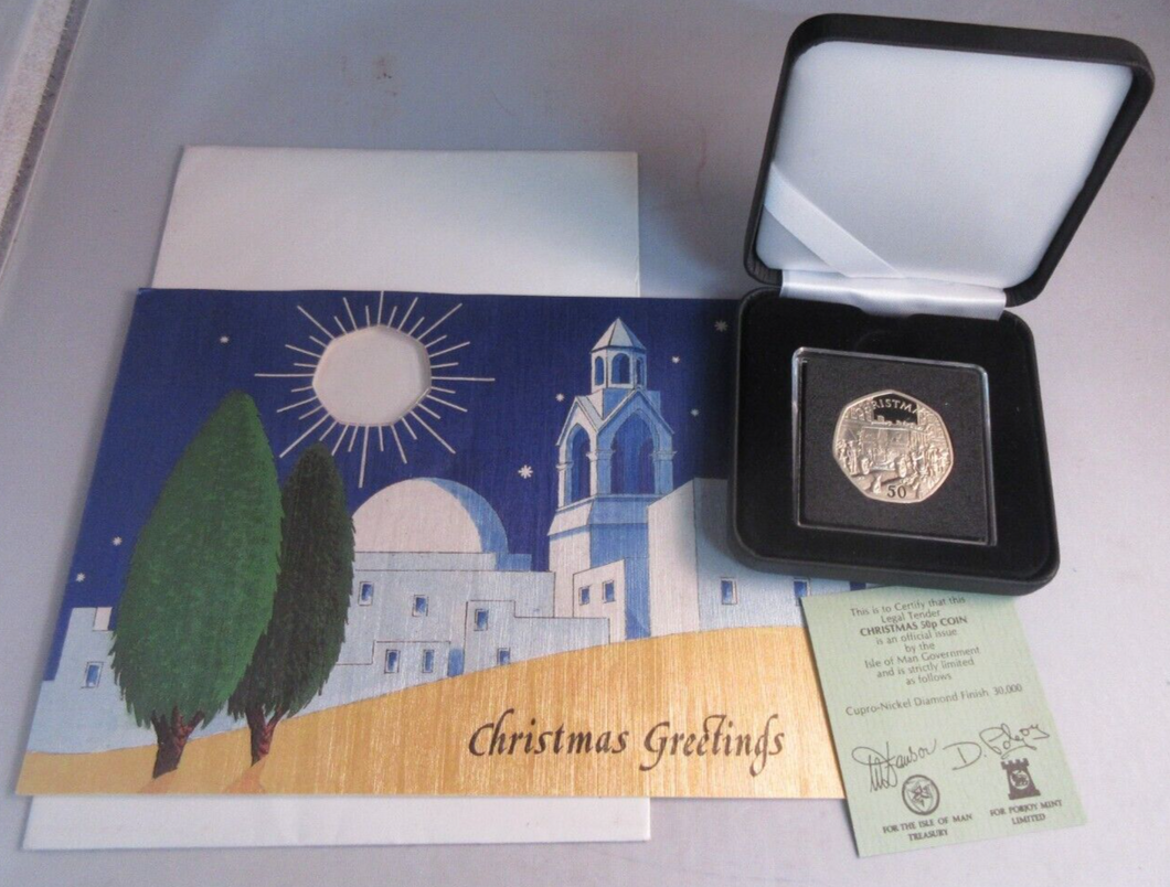 1987 QEII CHRISTMAS COLLECTION IOM BB MARK DIAMOND FINISH 50P COIN CARD BOX &COA