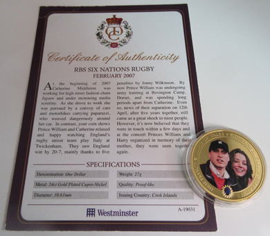 2011 RBS SIX NATIONS RUGBY FEBRUARY 2007 GOLD PLATED COOK ISLANDS  $1 COIN/COA