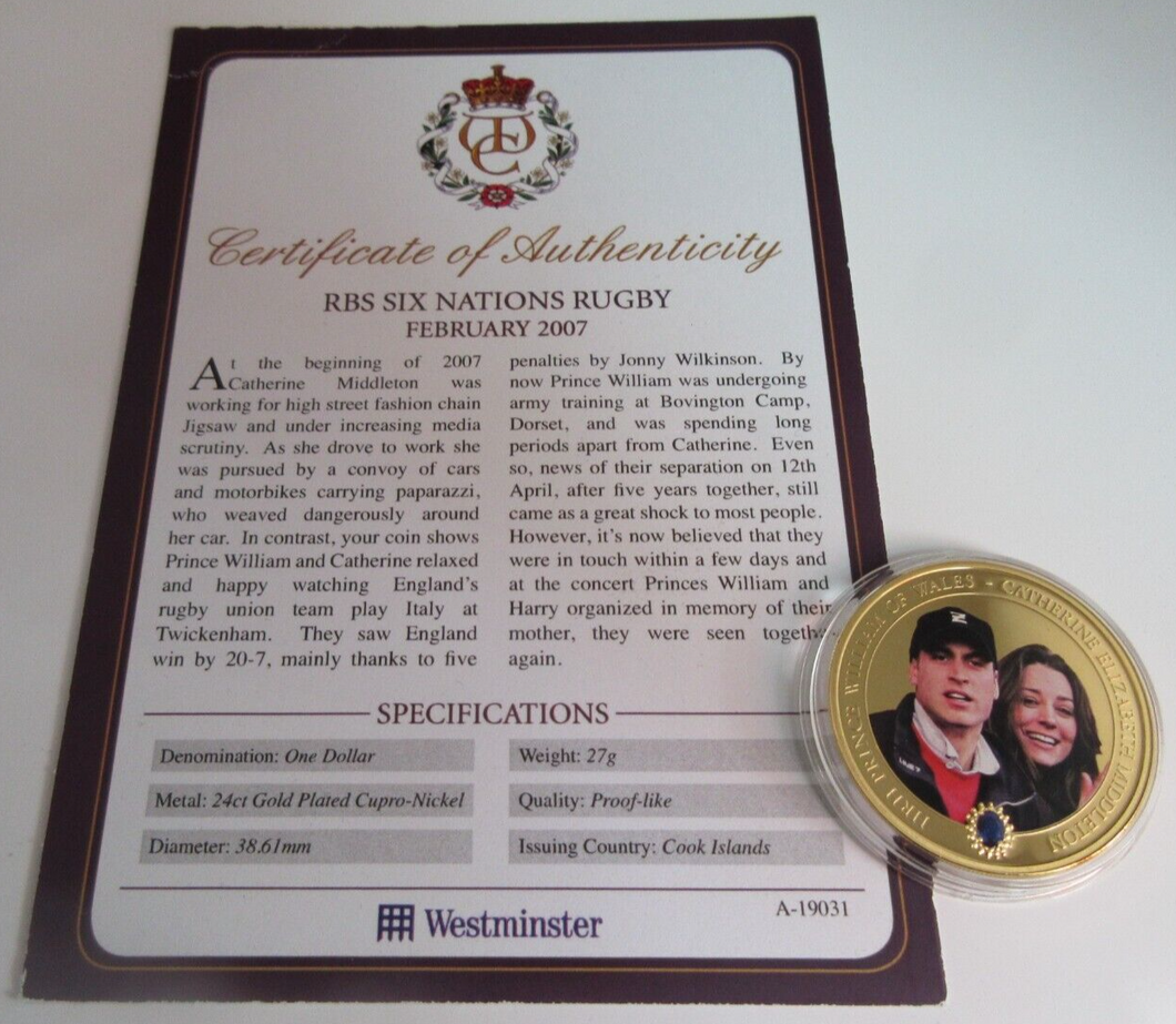 2011 RBS SIX NATIONS RUGBY FEBRUARY 2007 GOLD PLATED COOK ISLANDS  $1 COIN/COA