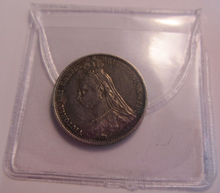 Load image into Gallery viewer, 1887 VICTORIA JUBILEE HEAD SHIELD IN GARTER 6d SIXPENCE COIN VF-EF IN CLEAR FLIP
