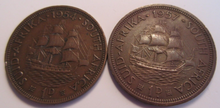 Load image into Gallery viewer, QUEEN ELIZABETH II BRONZE 1D PENNY X 2 1954 &amp;1957 SOUTH AFRICA IN CLEAR FLIP

