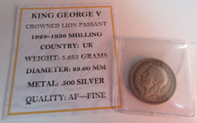 Load image into Gallery viewer, 1933 KING GEORGE V  .500 SILVER ENG 1 X ONE SHILLING COIN IN CLEAR FLIP WITH COA
