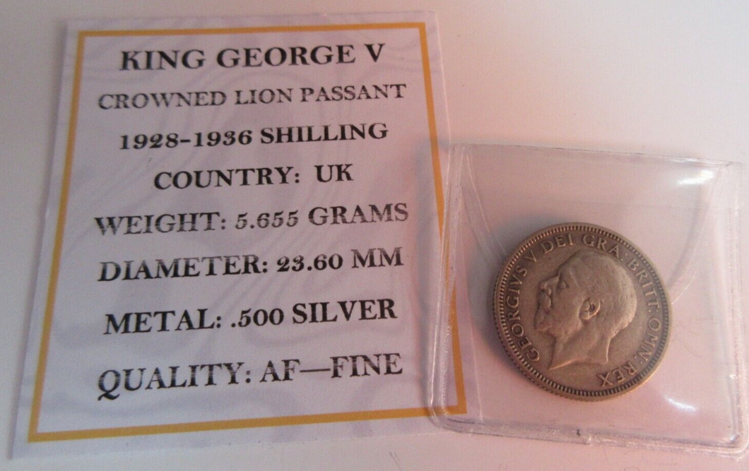 1933 KING GEORGE V  .500 SILVER ENG 1 X ONE SHILLING COIN IN CLEAR FLIP WITH COA