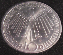 Load image into Gallery viewer, OLYMPIC GAMES SPIRAL 2 1972 MUNICH 10 DEUTSCHE MARKS BUNC MINT MARK F &amp; CAPSULE
