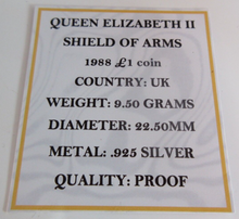 Load image into Gallery viewer, 1988 £1 QUEEN ELIZABETH II SHIELD OF ARMS SILVER PROOF ONE POUND COIN BOX &amp; COA
