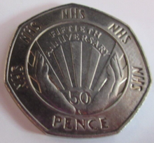 Load image into Gallery viewer, 1998 NHS 50TH ANNIVERSARY FIFTY PENCE 50P COIN IN PROTECTIVE CLEAR FLIP
