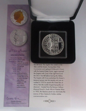 2002 Royal Sceptre Golden Jubilee 1oz Silver Proof New Zealand $5 Coin BoxCOA