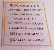 Load image into Gallery viewer, 1935 KING GEORGE V  .500 SILVER ENG 1 X ONE SHILLING COIN IN CLEAR FLIP WITH COA
