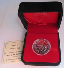 Load image into Gallery viewer, 1995 QEQM LADY OF THE CENTURY GIBRALTAR SILVER PROOF £5 FIVE POUND COIN BOX &amp;COA
