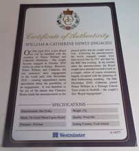 Load image into Gallery viewer, 2010 WILLIAM &amp; CATHERINE NEWLY ENGAGED GOLD PLATED COOK ISLANDS  $1 COIN/COA
