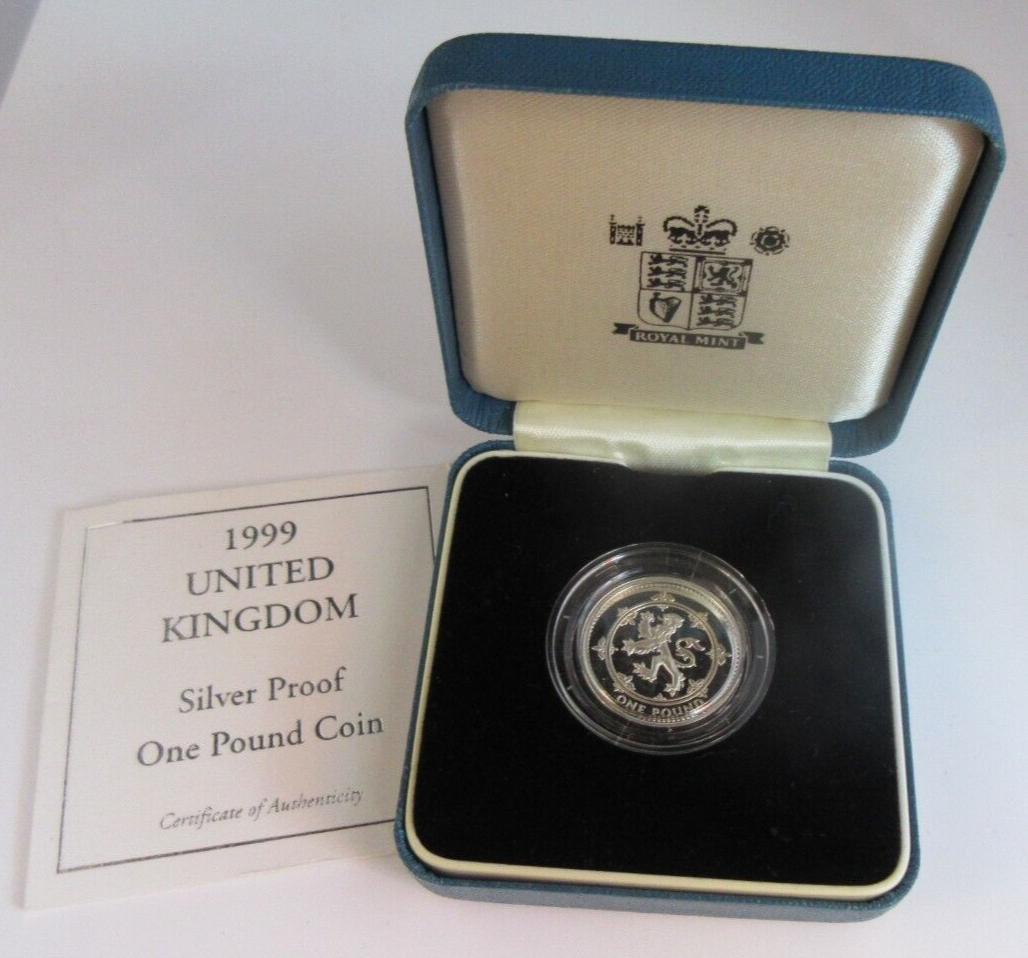 1999 LION RAMPANT SILVER PROOF £1 ONE POUND COIN WITH ROYAL MINT BOX & COA