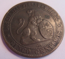 Load image into Gallery viewer, 1870 SPAIN 5 CENTIMOS COIN IN PROTECTIVE CLEAR FLIP
