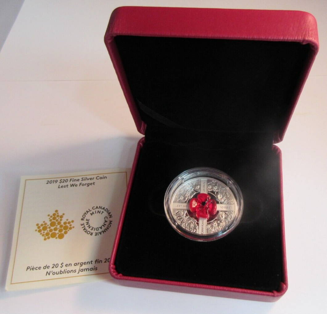2019 ROYAL CANADIAN MINT QEII LEST WE FORGET $20 FINE SILVER COIN BOX & COA