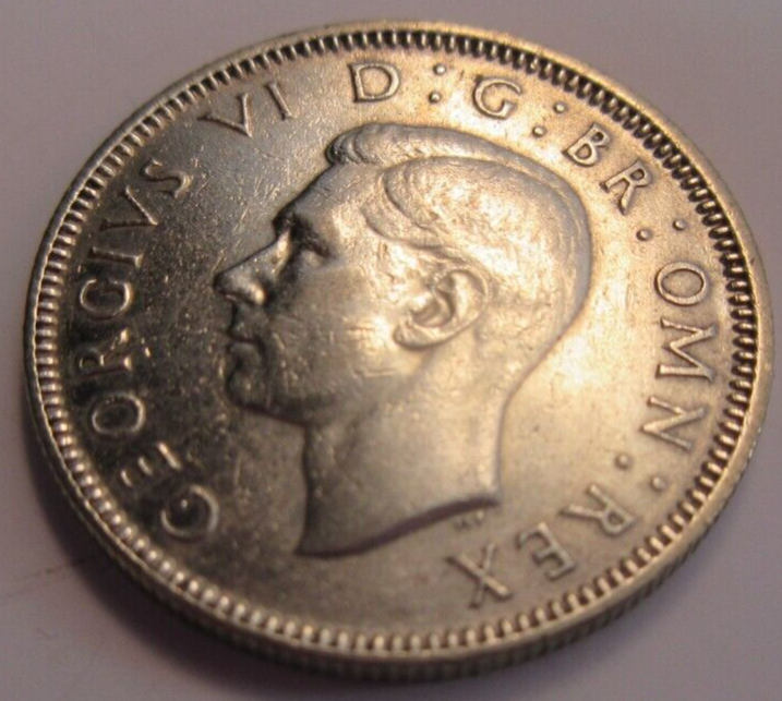 1945 KING GEORGE VI BARE HEAD .500 SILVER GEF ONE SHILLING COIN & CLEAR FLIP