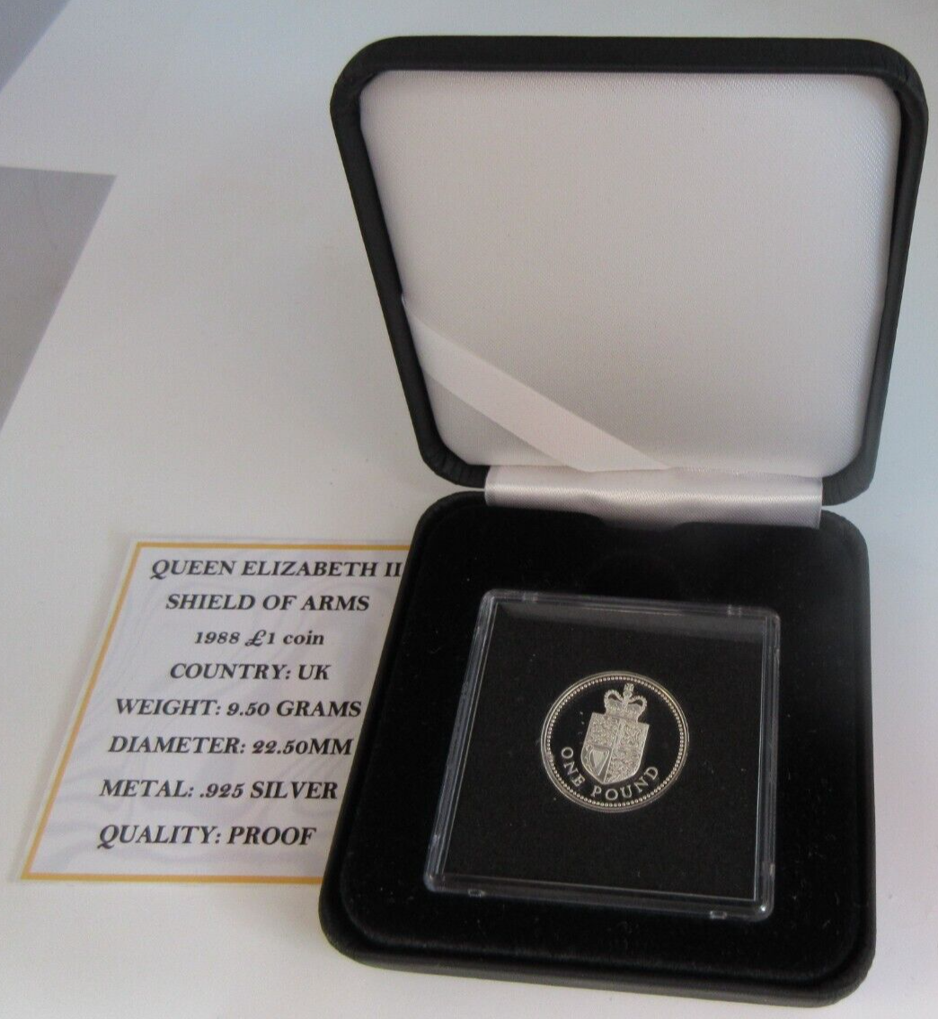 1988 £1 QUEEN ELIZABETH II SHIELD OF ARMS SILVER PROOF ONE POUND COIN BOX & COA