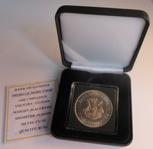 Load image into Gallery viewer, 1968 PRODUCE MORE FOOD BANK OF UGANDA FIVE SHILLING COIN BUNC WITH BOX &amp; COA
