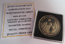 Load image into Gallery viewer, 2002 QEII CORONATION DAY WESTMINSTER ABBEY GIBRALTAR VIRENIUM PROOF LIKE £5 COIN
