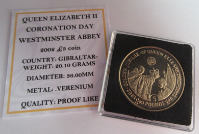 2002 QEII CORONATION DAY WESTMINSTER ABBEY GIBRALTAR VIRENIUM PROOF LIKE £5 COIN