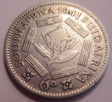 Load image into Gallery viewer, KING GEORGE VI 6d SIXPENCE 1941 .800 SILVER COIN SOUTH AFRICA  IN CLEAR FLIP
