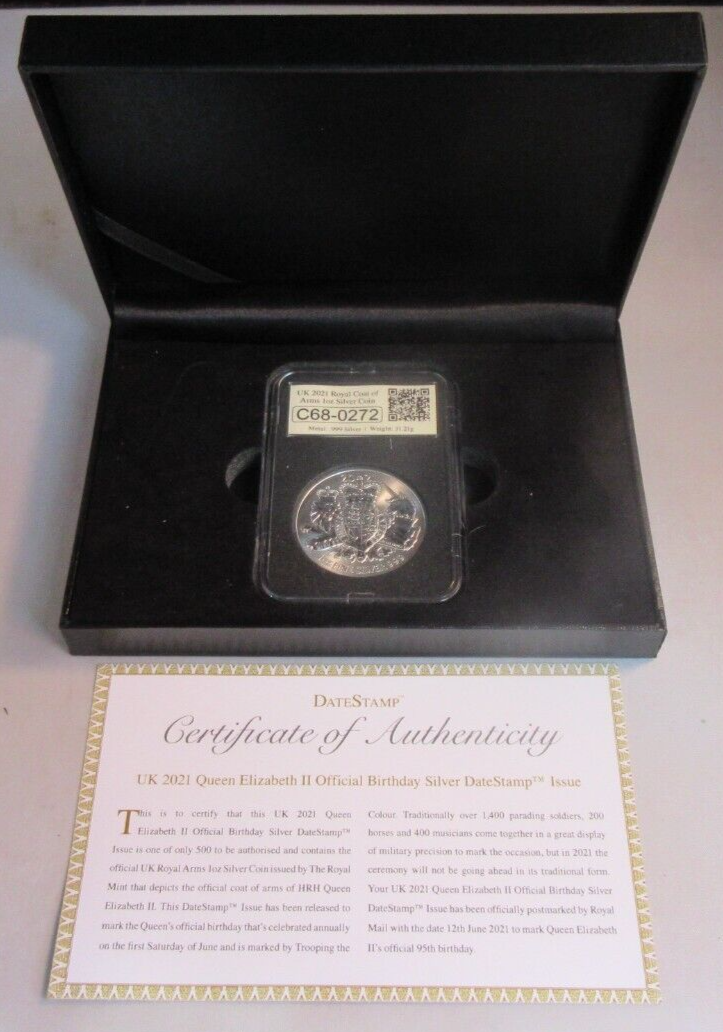 UK 2021 QEII OFFICIAL BIRTHDAY SILVER DATESTAMP ISSUE 1OZ £2 COIN BOX & COA