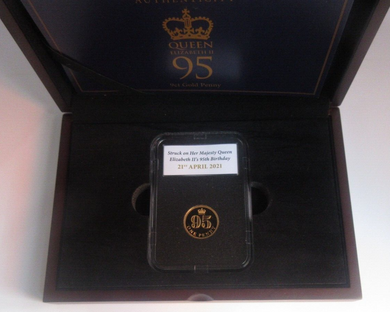 2021 95th Birthday HM Queen Elizabeth II Gold Proof Jersey 1p Penny Coin BoxCOA