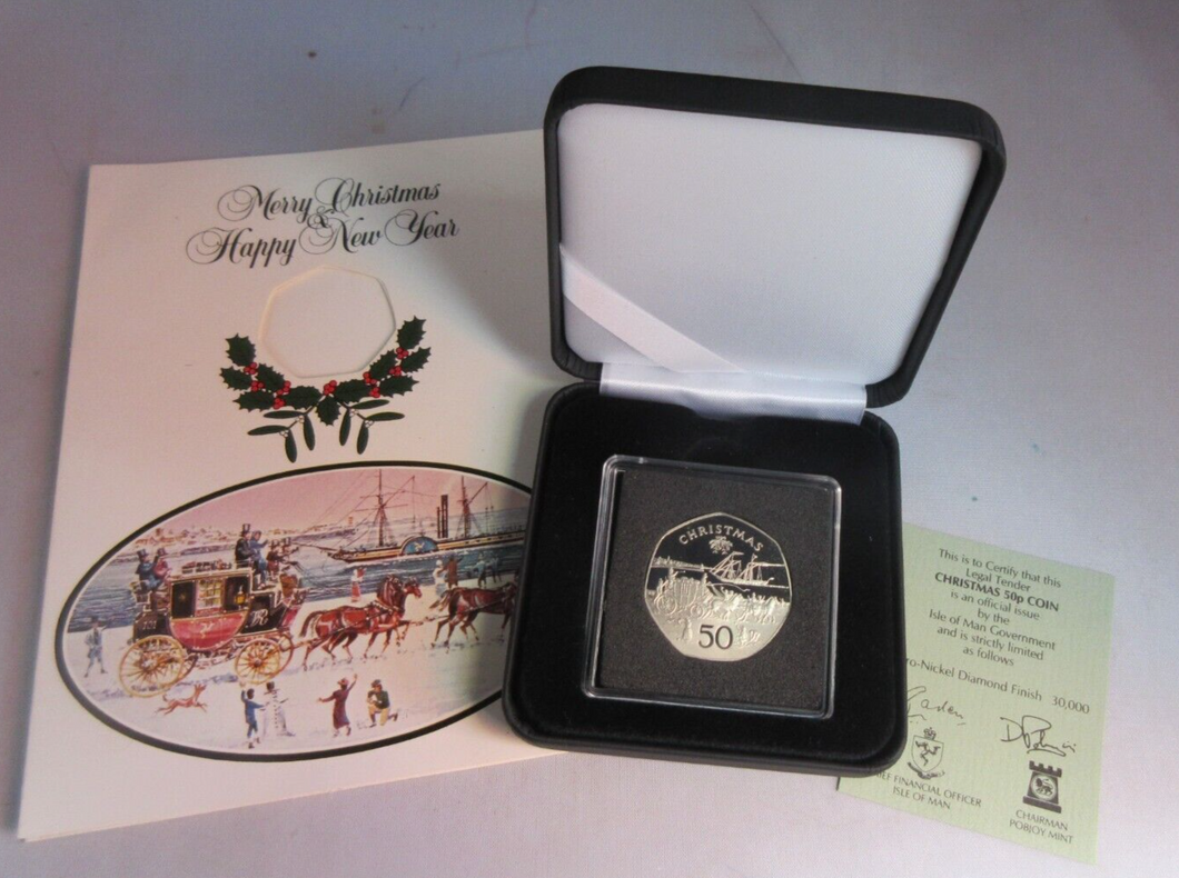 1980 CHRISTMAS ISLE OF MAN DIAMOND FINISH 50P COIN IN CHRISTMAS CARD BOX & COA