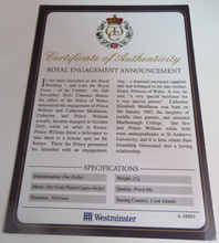 Load image into Gallery viewer, 2011 ROYAL ENGAGEMENT ANNOUNCEMENT GOLD PLATED COOK ISLANDS  $1 COIN/COA
