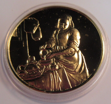 1975 THE GENIUS OF VERMEER HALLMARKED 24CT GOLD PLATED .925 SILVER 32G MEDAL