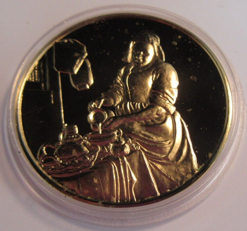 1975 THE GENIUS OF VERMEER HALLMARKED 24CT GOLD PLATED .925 SILVER 32G MEDAL