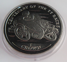Load image into Gallery viewer, 2007 QEII IOM TT CENTENARY OF THE TT RACES BUNC 1 CROWN COIN WITH CAPSUL &amp; POUCH
