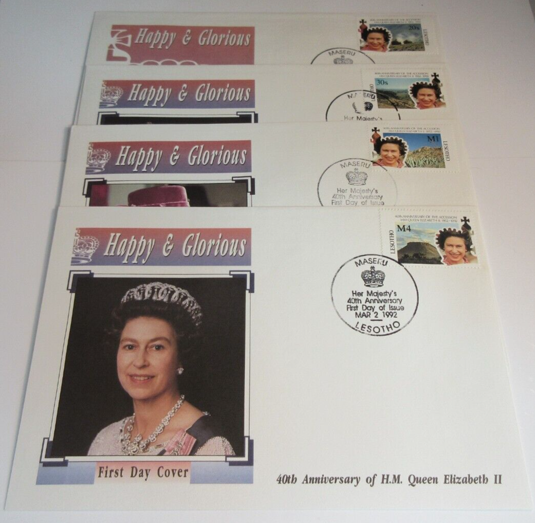 QUEEN ELIZABETH II HAPPY & GLORIOUS 40th ANNIVERS 4 FIRST DAY COVERS - LESOTHO