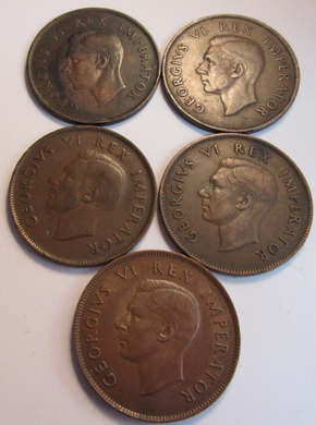 KING GEORGE VI BRONZE 1D PENNY 1941 X 3  & 1942 X 2 SOUTH AFRICA IN CLEAR FLIP