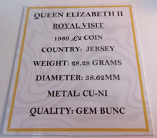 Load image into Gallery viewer, 1989 QEII ROYAL VISIT GEM BUNC BAILIWICK OF JERSEY £2 TWO POUND CROWN COIN BOXED

