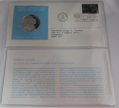 1977 Fighting Against Racism First Edition United Nations Silver Proof Medal