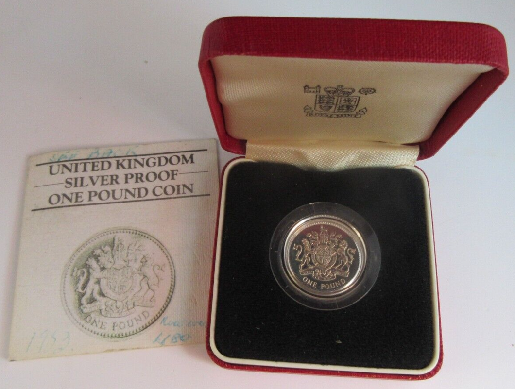 1983 UK ROYAL ARMS SILVER PROOF ROYAL MINT £1 ONE POUND COIN BOX & COA